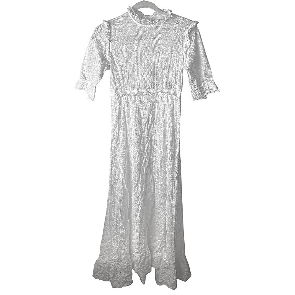 Anthropologie Muse White Eyelet Prairie Style Ruffle Neck MIDI Dress 4